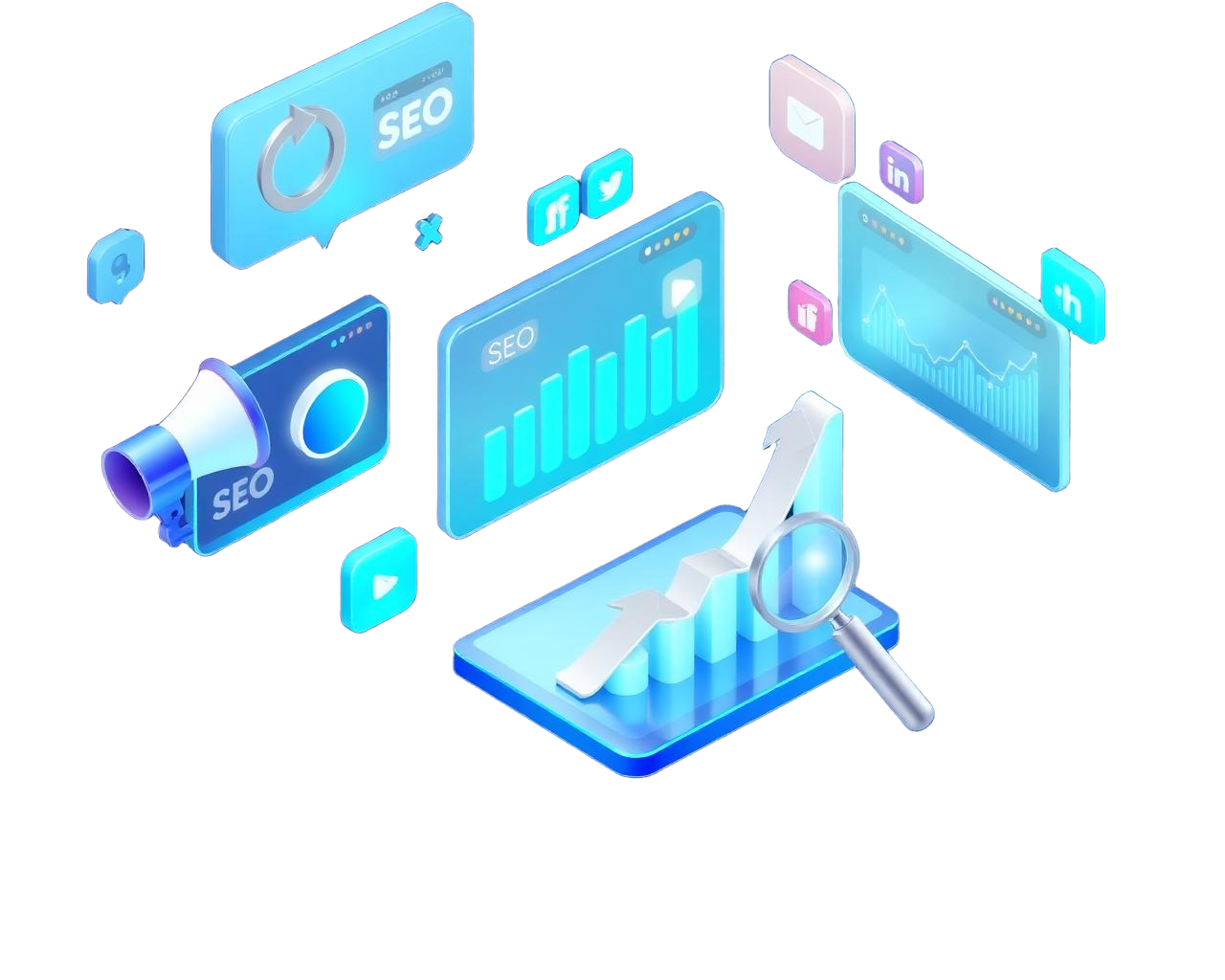 Digital marketing dashboards showing SEO, social and analytics